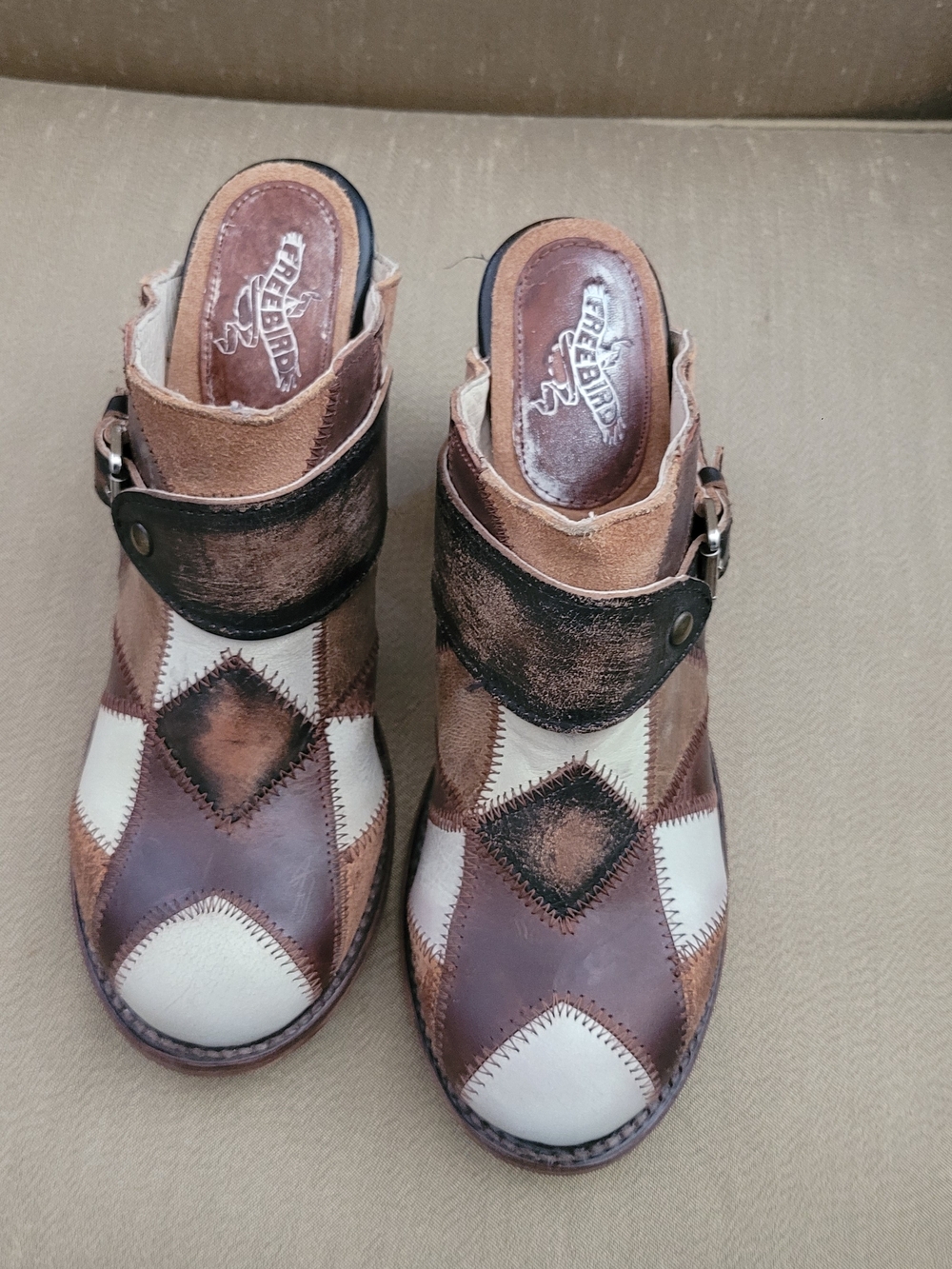 Freebird by Steven Brown and Cream Patchwork Leather Mules with Buckle Strap